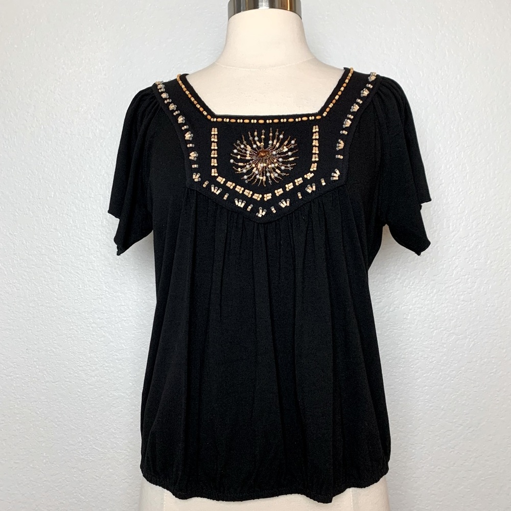 Le. Copine Top Women's Size T-3/M Black Short Sleeve Beads Embellished Shirt